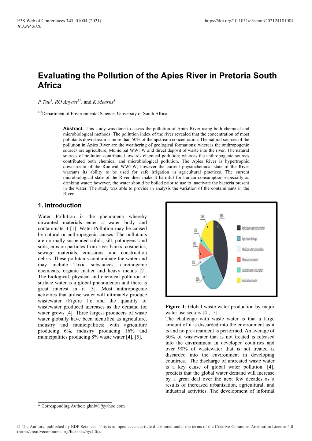 Evaluating the Pollution of the Apies River in Pretoria South Africa