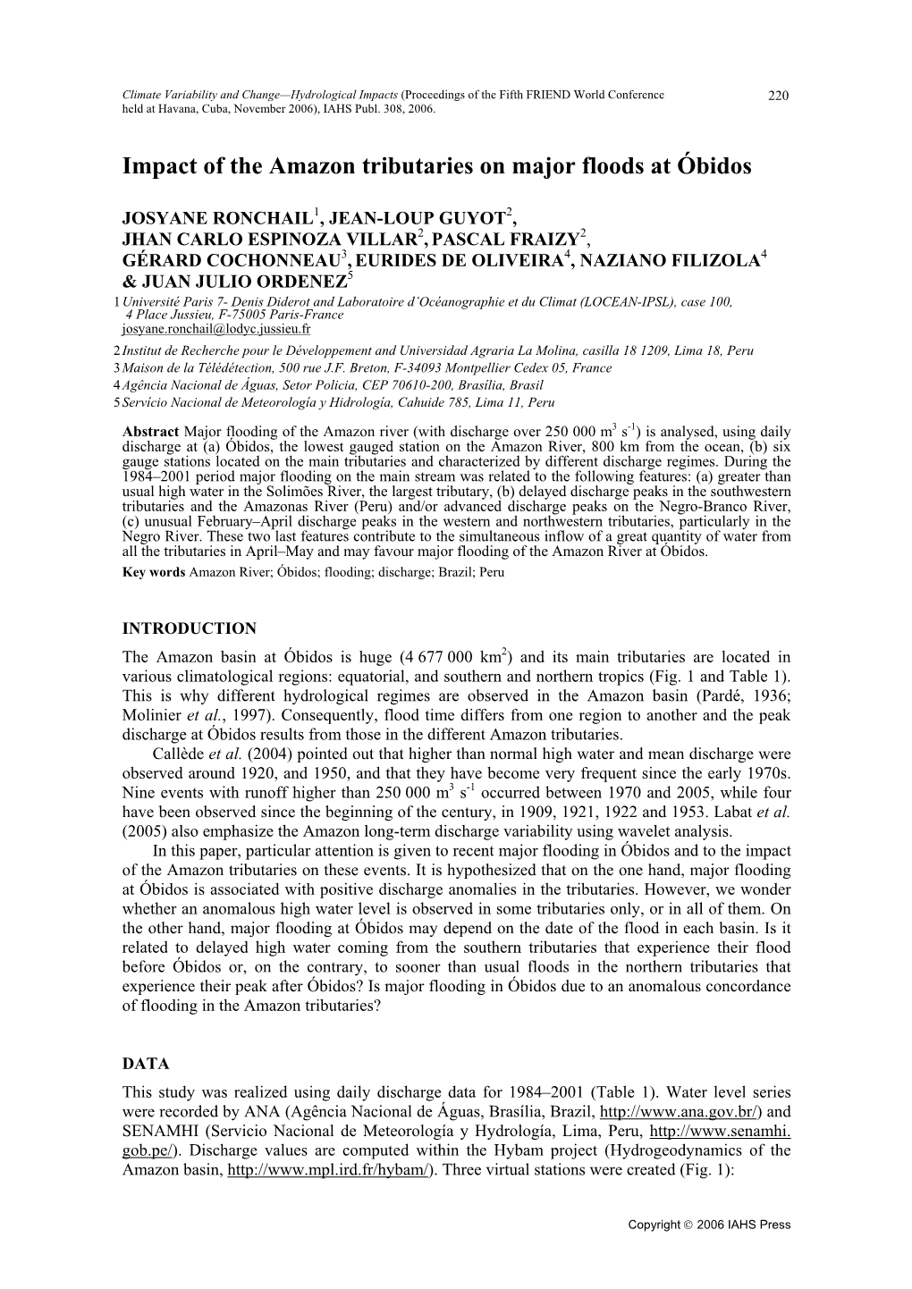 Impact of the Amazon Tributaries on Major Floods at Obidos