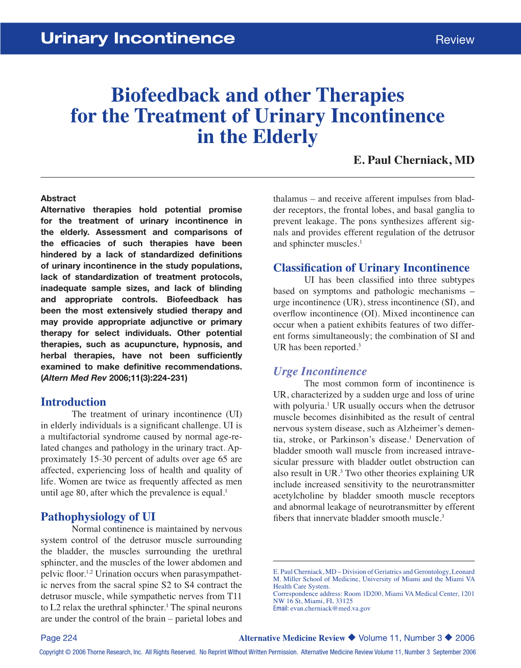 Biofeedback and Other Therapies for the Treatment of Urinary Incontinence in the Elderly E