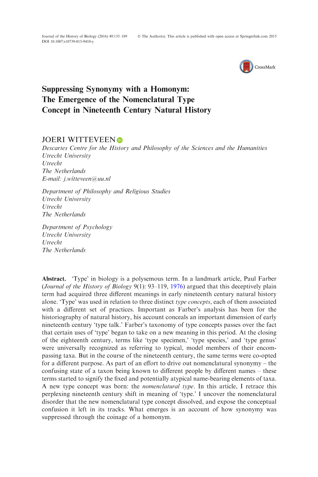 Suppressing Synonymy with a Homonym: the Emergence of the Nomenclatural Type Concept in Nineteenth Century Natural History