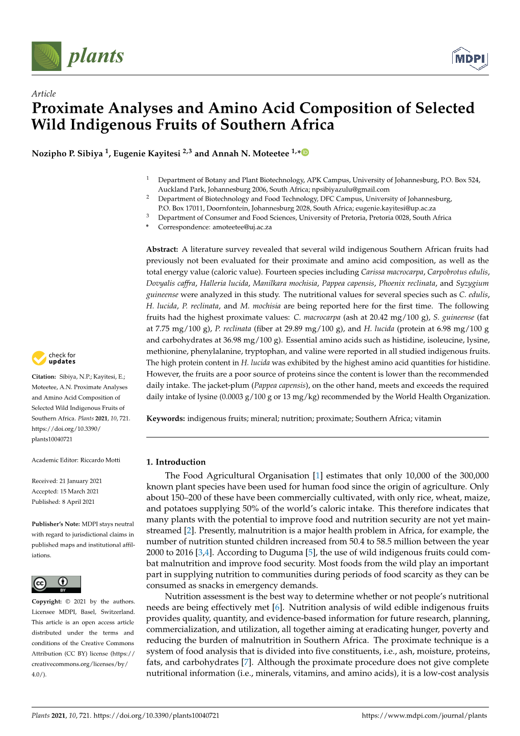 Proximate Analyses and Amino Acid Composition of Selected Wild Indigenous Fruits of Southern Africa