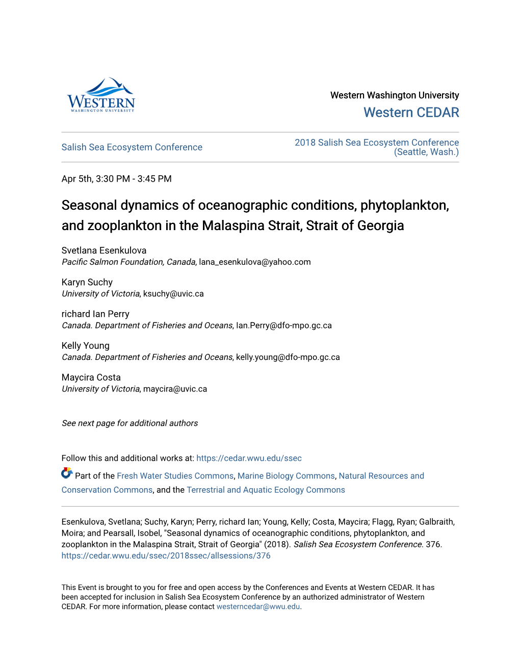 Seasonal Dynamics of Oceanographic Conditions, Phytoplankton, and Zooplankton in the Malaspina Strait, Strait of Georgia