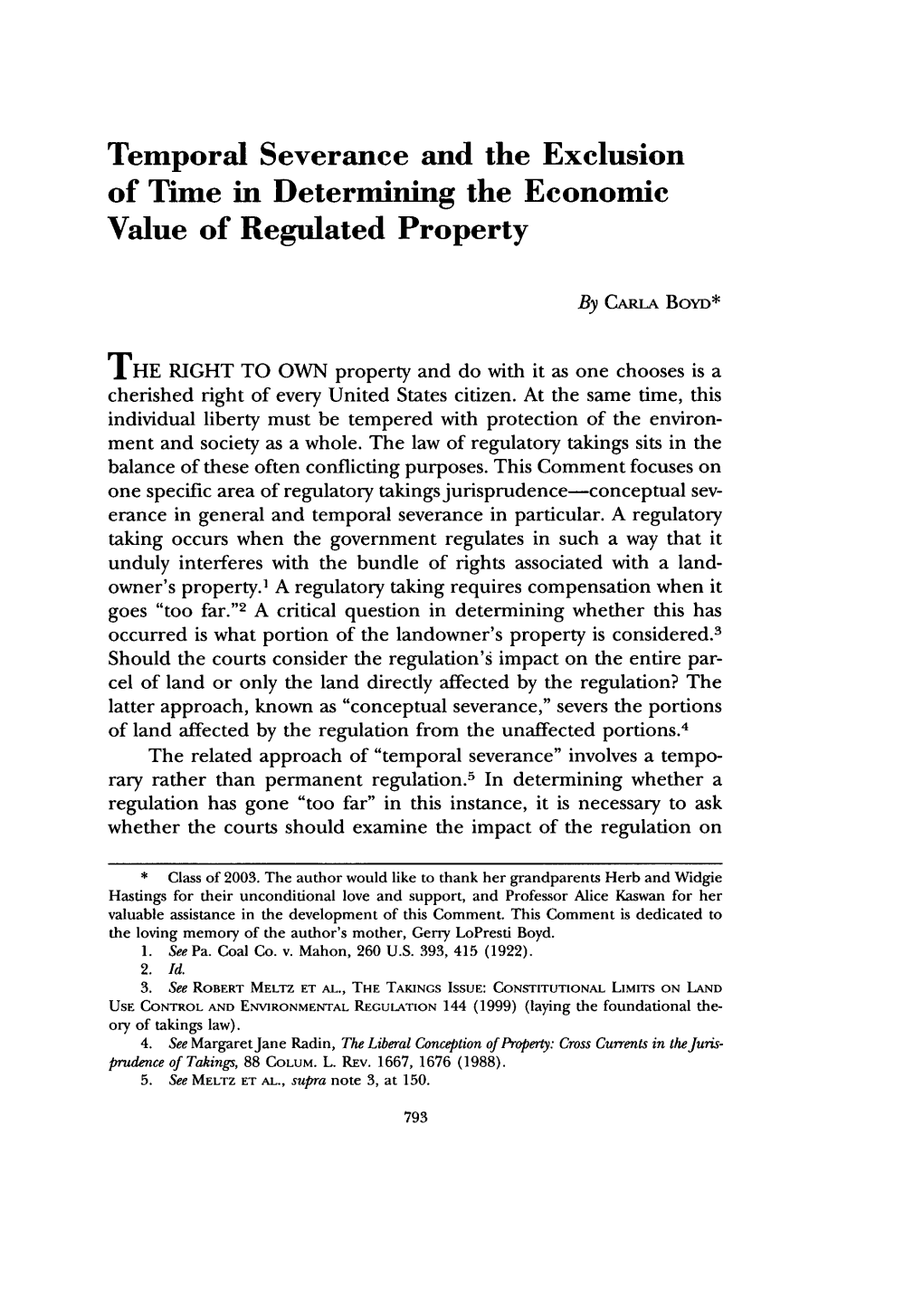 Temporal Severance and the Exclusion of Time in Determining the Economic Value of Regulated Property