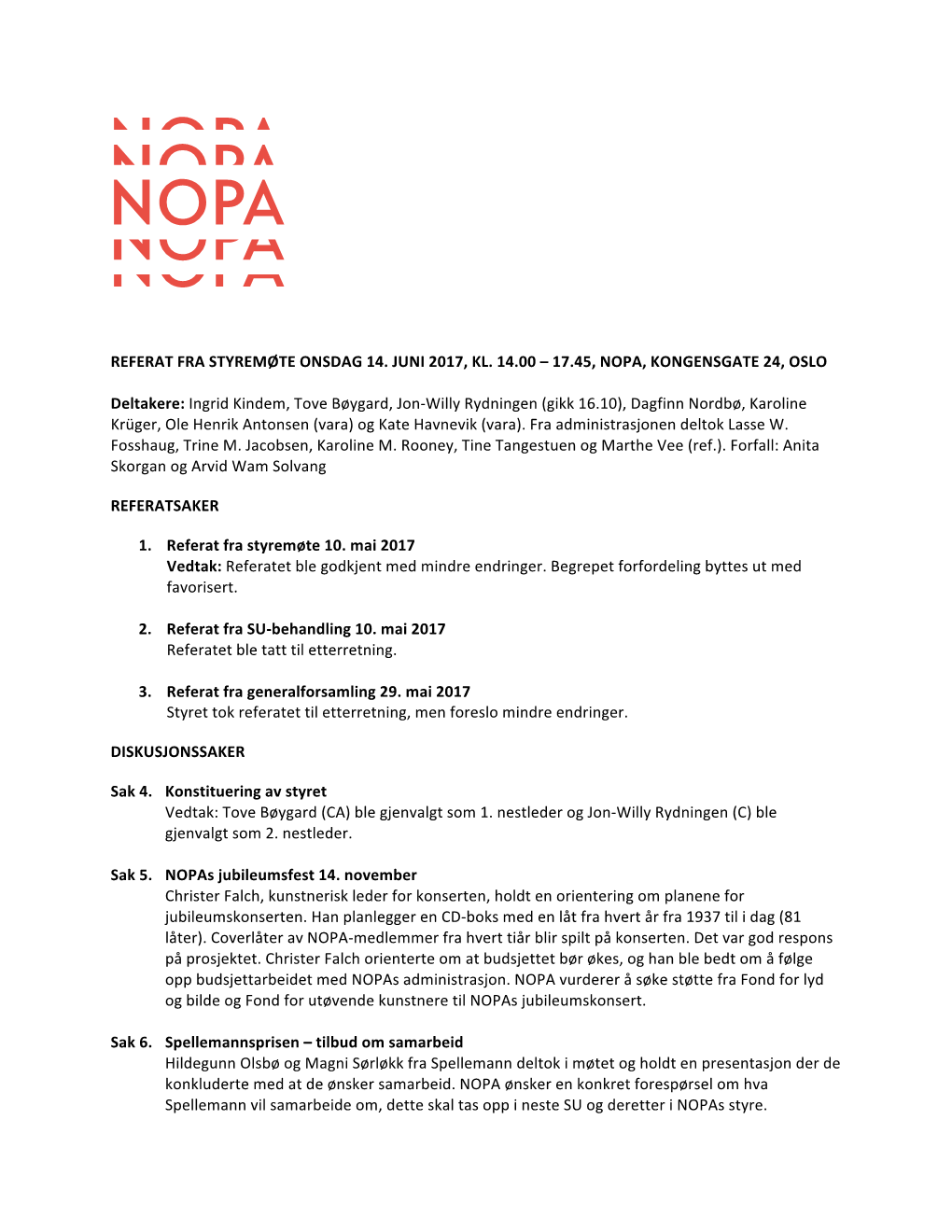 REFERAT FRA STYREMØTE ONSDAG 14. JUNI 2017, KL. 14.00 – 17.45, NOPA, KONGENSGATE 24, OSLO Deltakere: Ingrid Kindem, Tove Bø