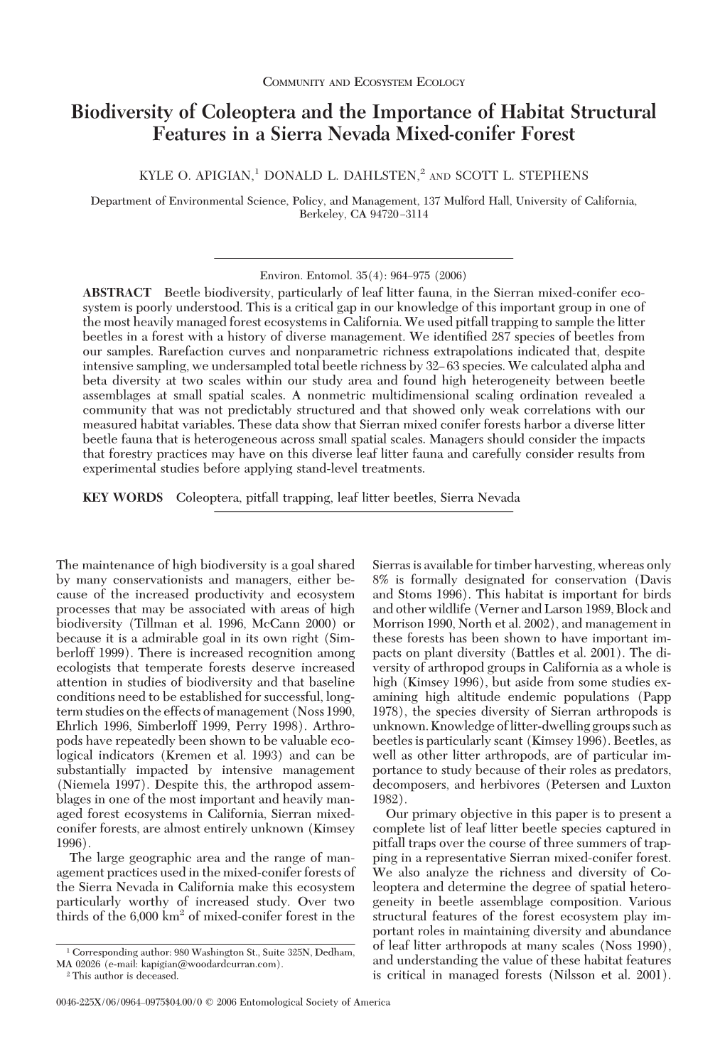 Biodiversity of Coleoptera and the Importance of Habitat Structural Features in a Sierra Nevada Mixed-Conifer Forest