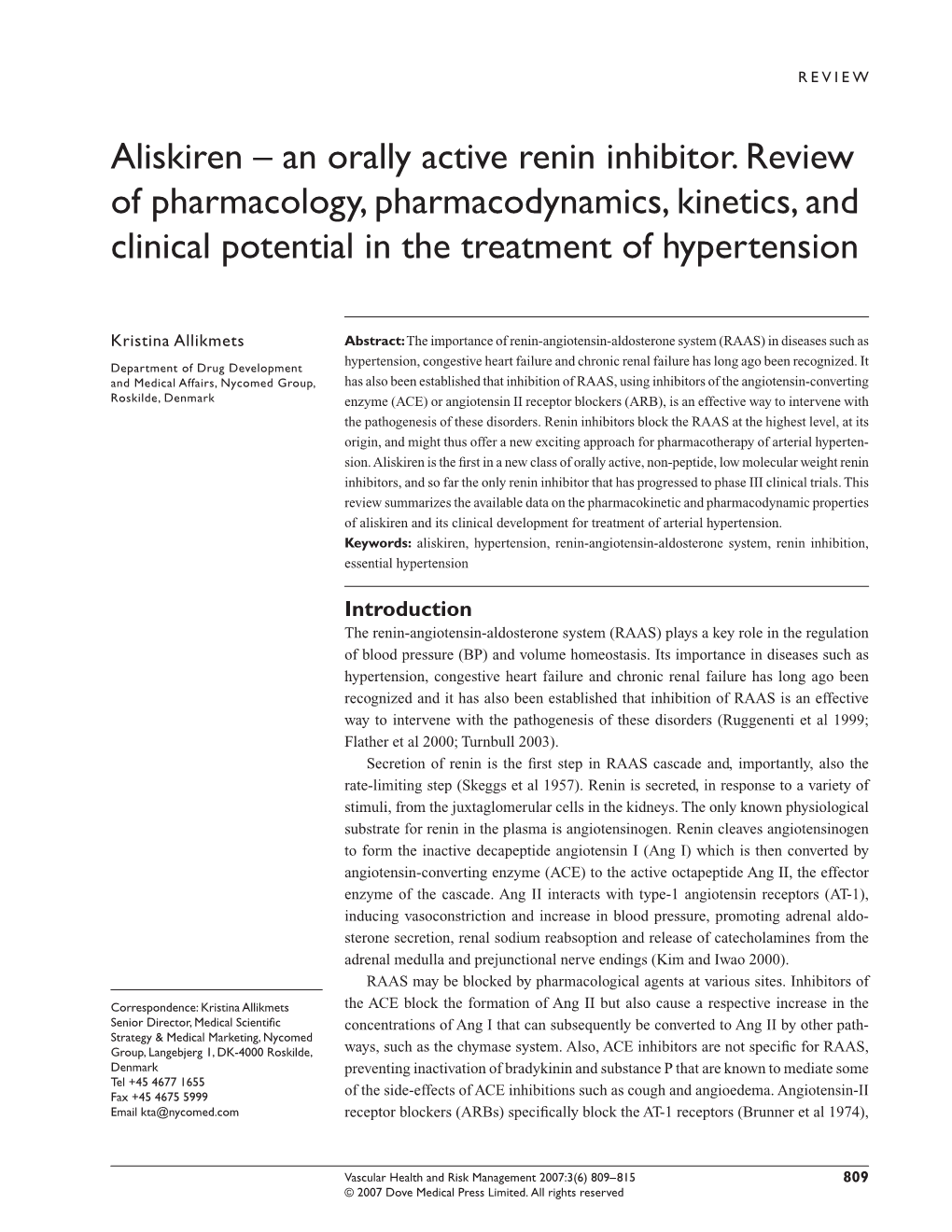Aliskiren – an Orally Active Renin Inhibitor