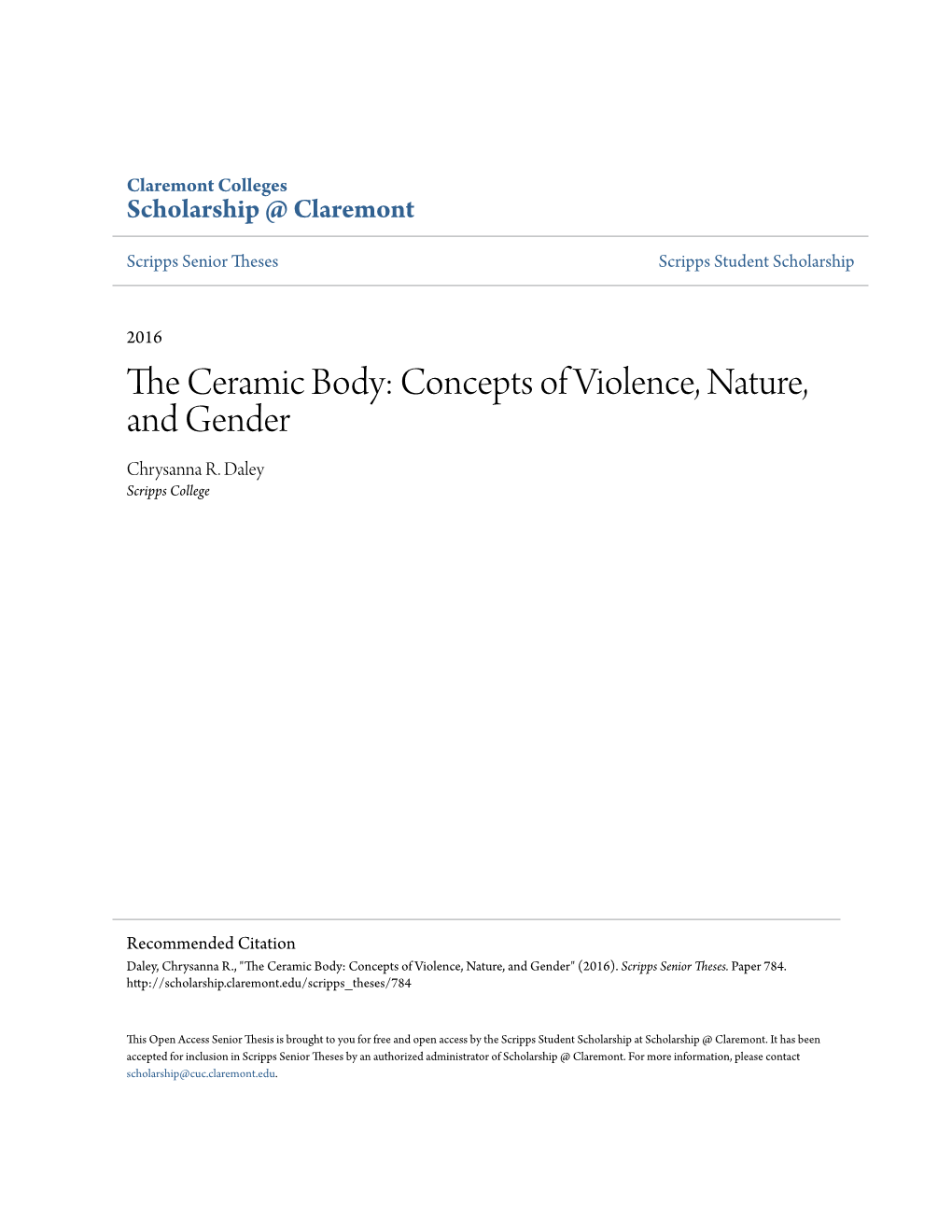 The Ceramic Body: Concepts of Violence, Nature, and Gender