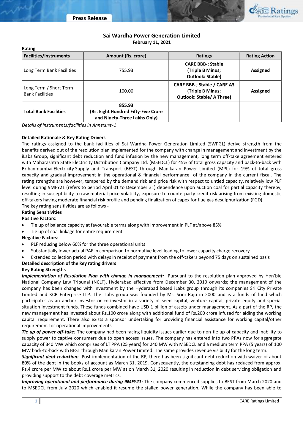 Press Release Sai Wardha Power Generation Limited