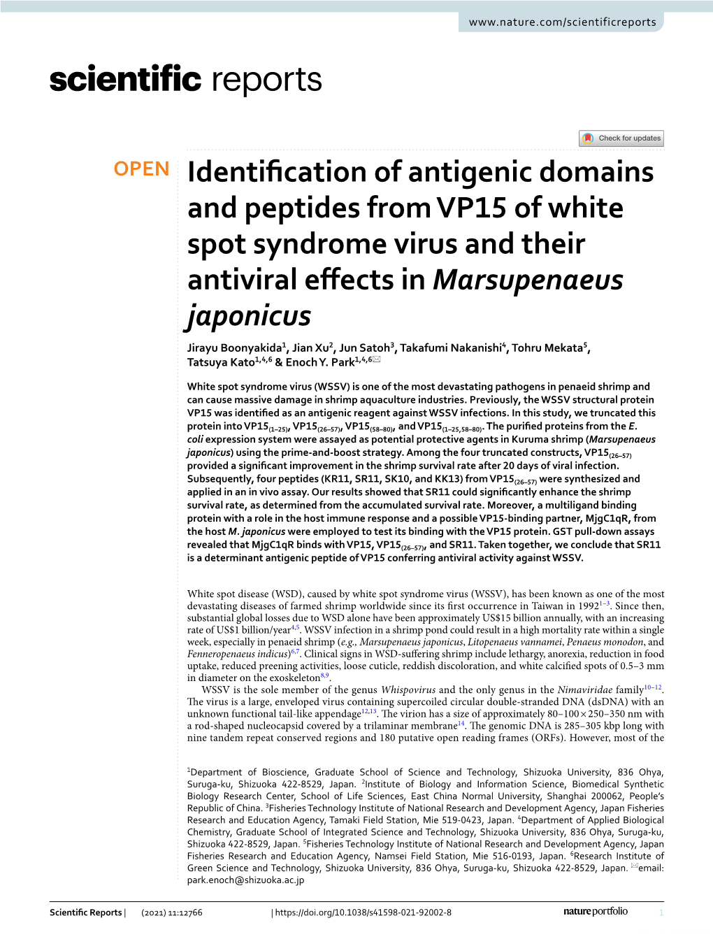 Identification of Antigenic Domains and Peptides from VP15 of White Spot Syndrome Virus and Their Antiviral Effects in Marsupena