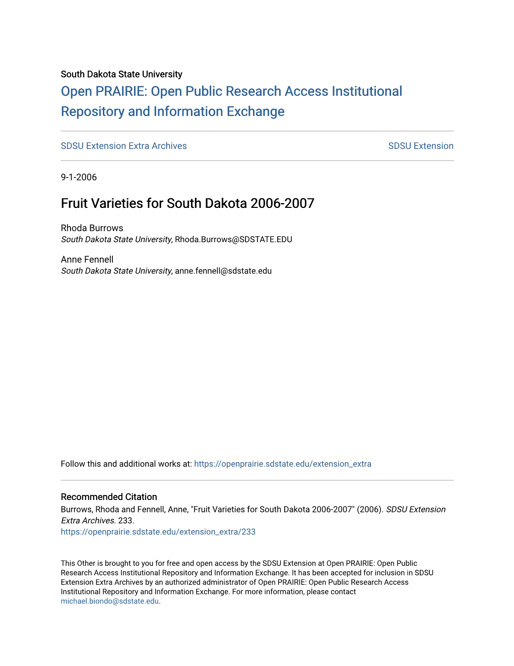 Fruit Varieties for South Dakota 2006-2007