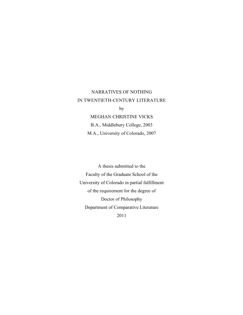 NARRATIVES of NOTHING in TWENTIETH-CENTURY LITERATURE by MEGHAN CHRISTINE VICKS B.A., Middlebury College, 2003 M.A., University of Colorado, 2007