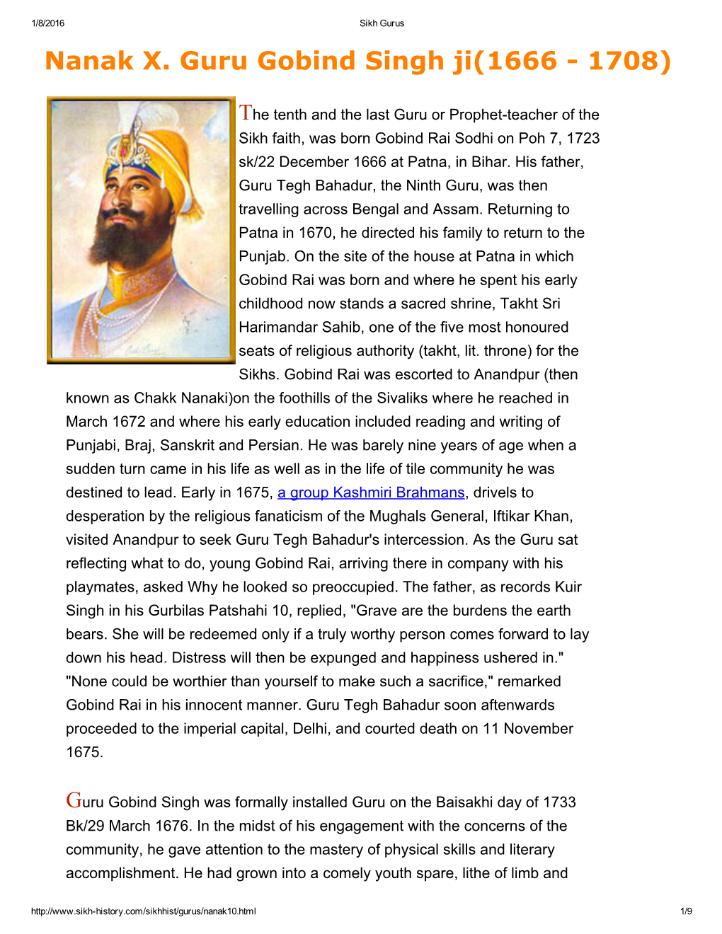 Nanak X. Guru Gobind Singh Ji(1666 1708)