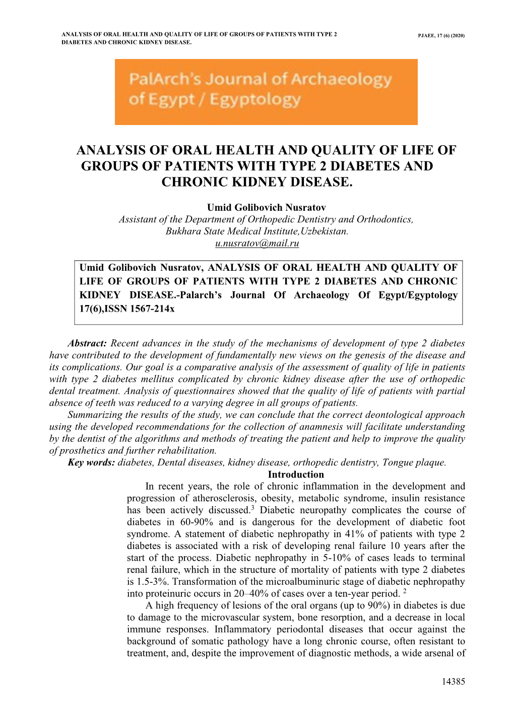 Analysis of Oral Health and Quality of Life of Groups of Patients with Type 2 Pjaee, 17 (6) (2020) Diabetes and Chronic Kidney Disease