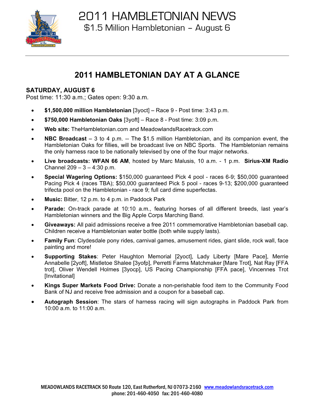 2011 HAMBLETONIAN NEWS $1.5 Million Hambletonian – August 6
