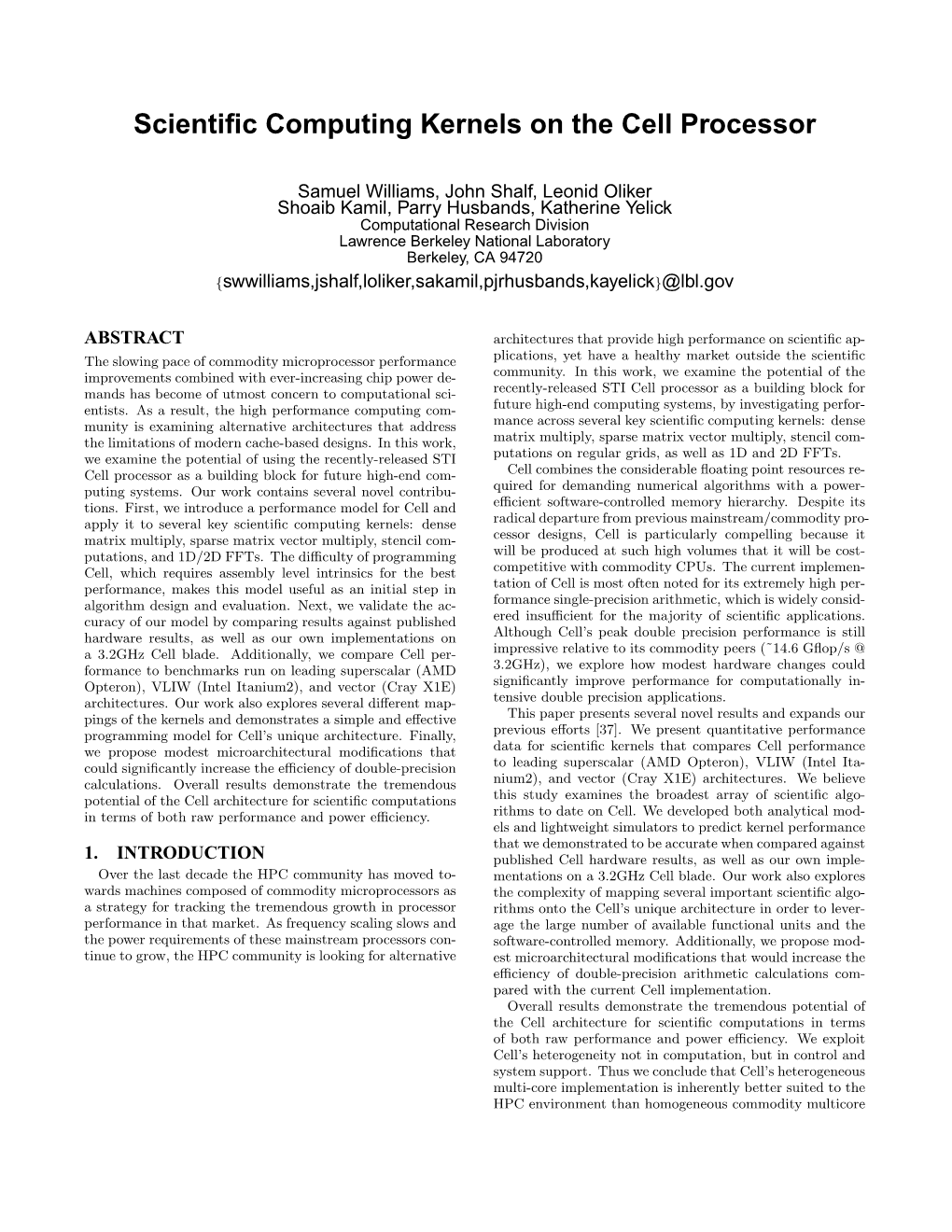 Scientific Computing Kernels on the Cell Processor