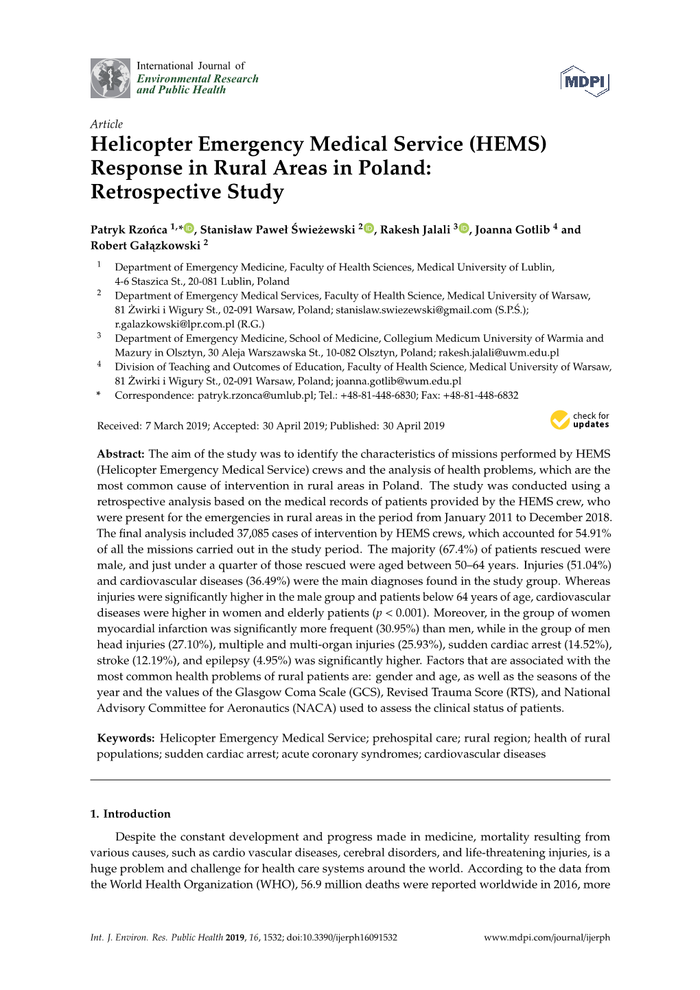 Helicopter Emergency Medical Service (HEMS) Response in Rural Areas in Poland: Retrospective Study