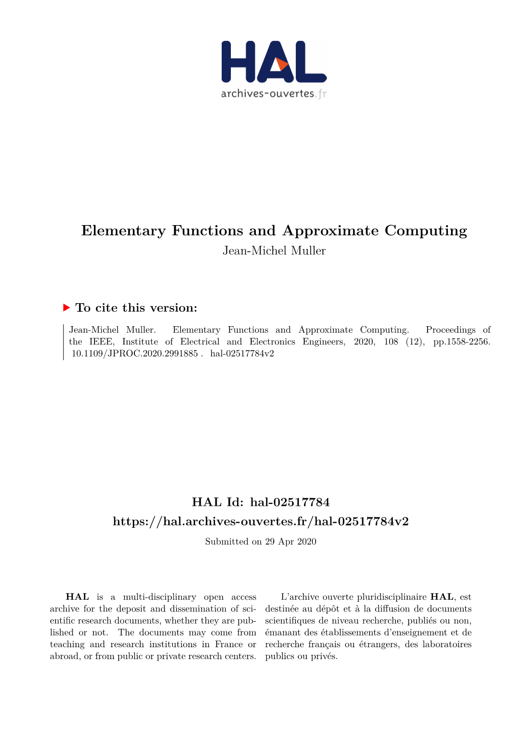 Elementary Functions and Approximate Computing Jean-Michel Muller