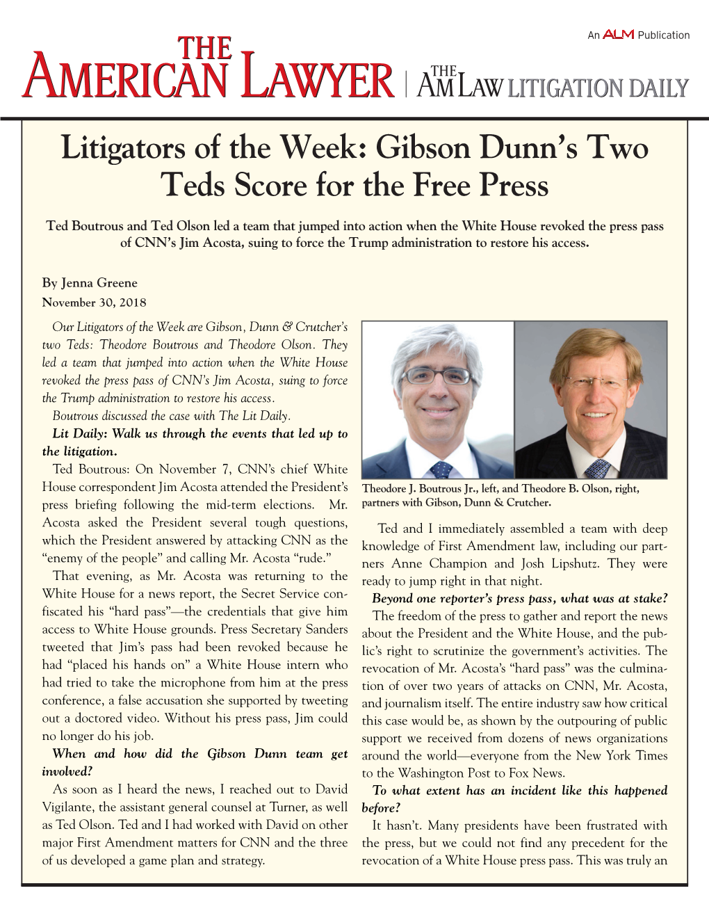 Litigators of the Week: Gibson Dunn's Two Teds Score for the Free Press