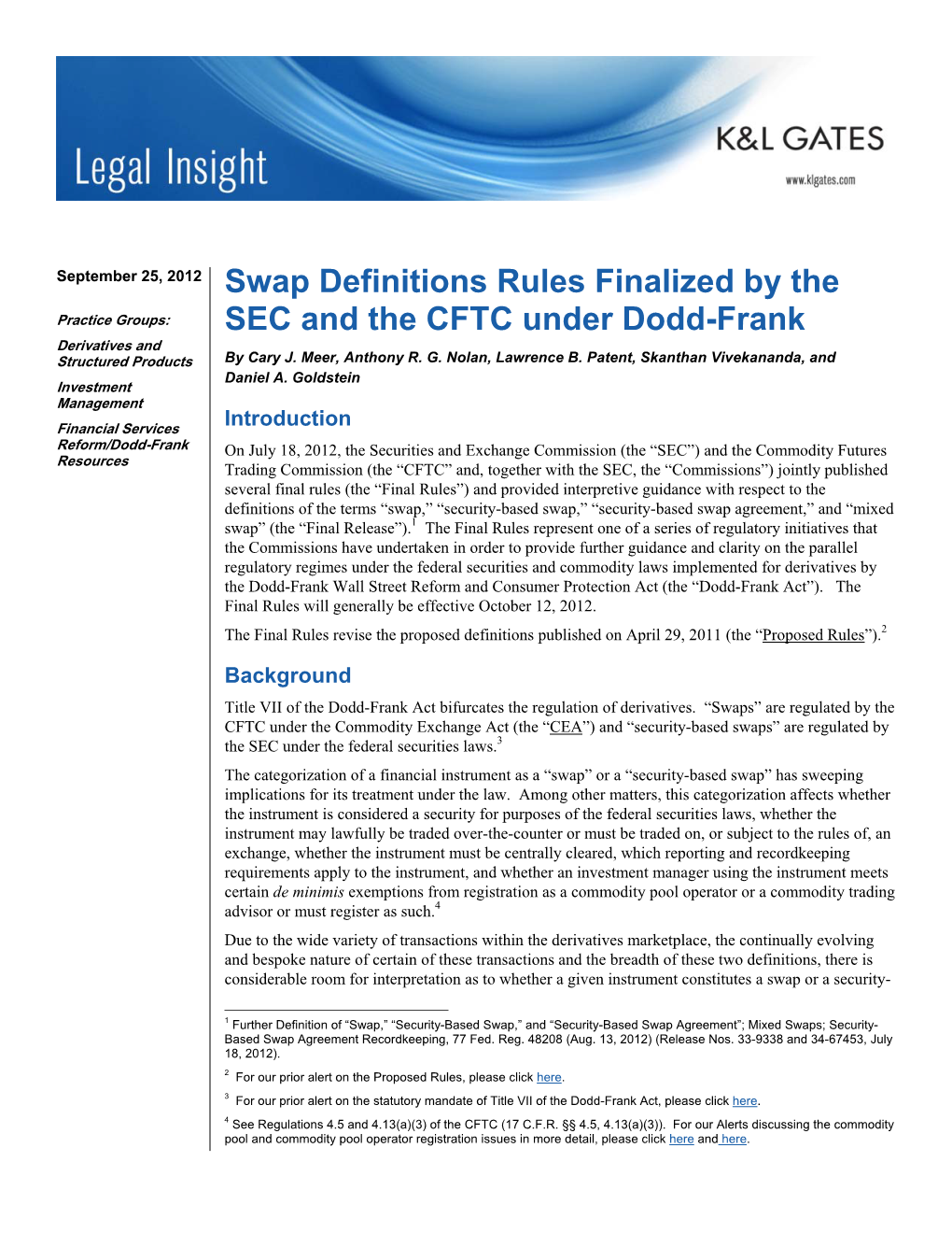 Swap Definitions Rules Finalized by the SEC and the CFTC Under Dodd-Frank