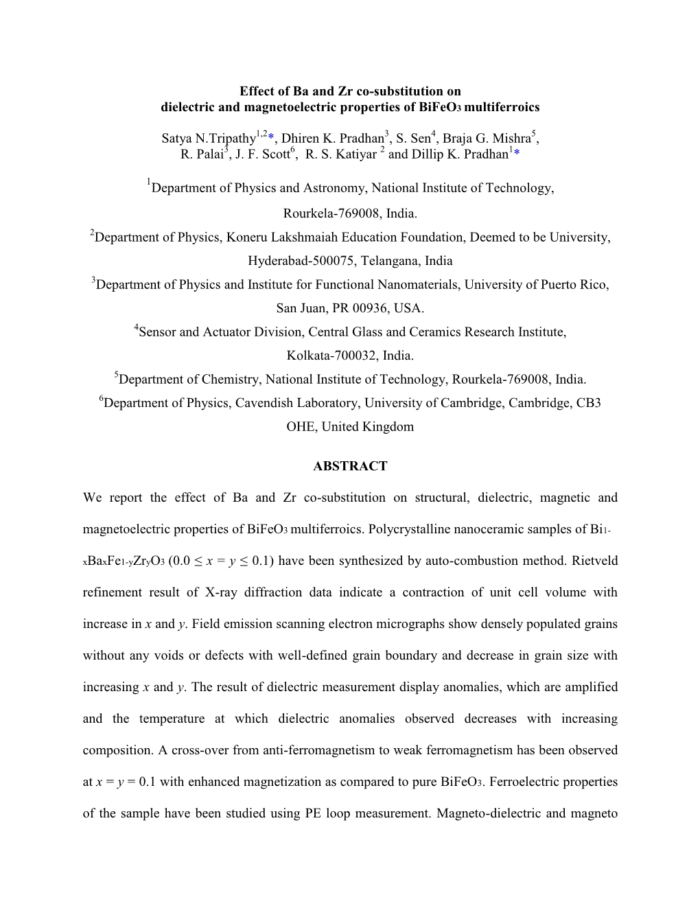 Effect of Ba and Zr Co-Substitution on Dielectric and Magnetoelectric Properties of Bifeo3 Multiferroics