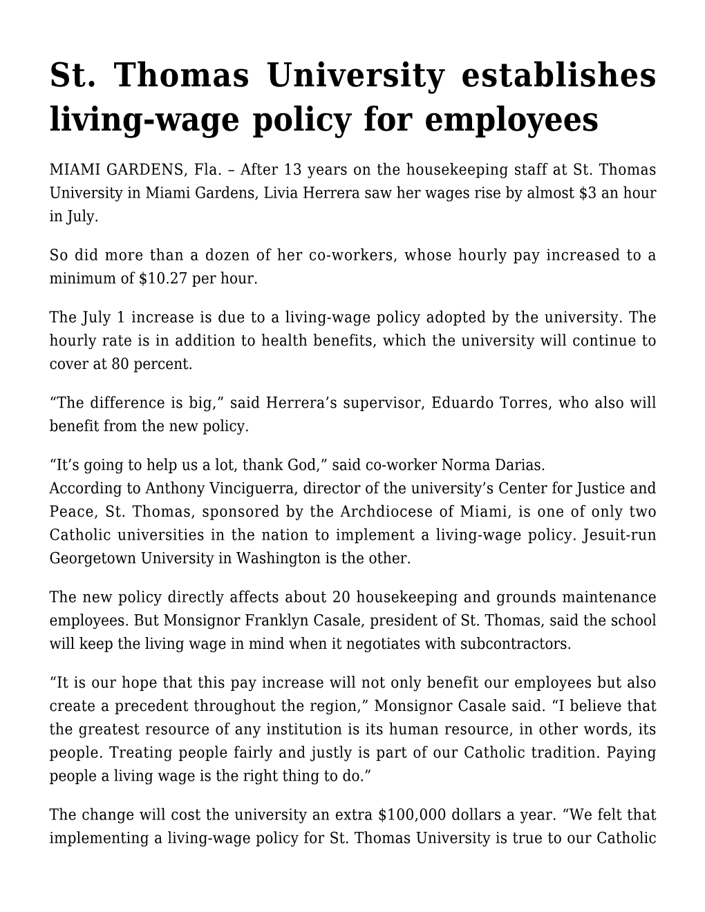 St. Thomas University Establishes Living-Wage Policy for Employees