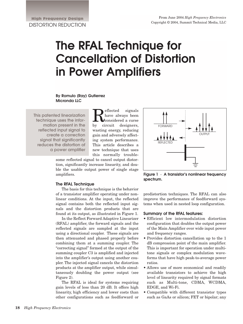 The RFAL Technique for Cancellation of Distortion in Power Amplifiers