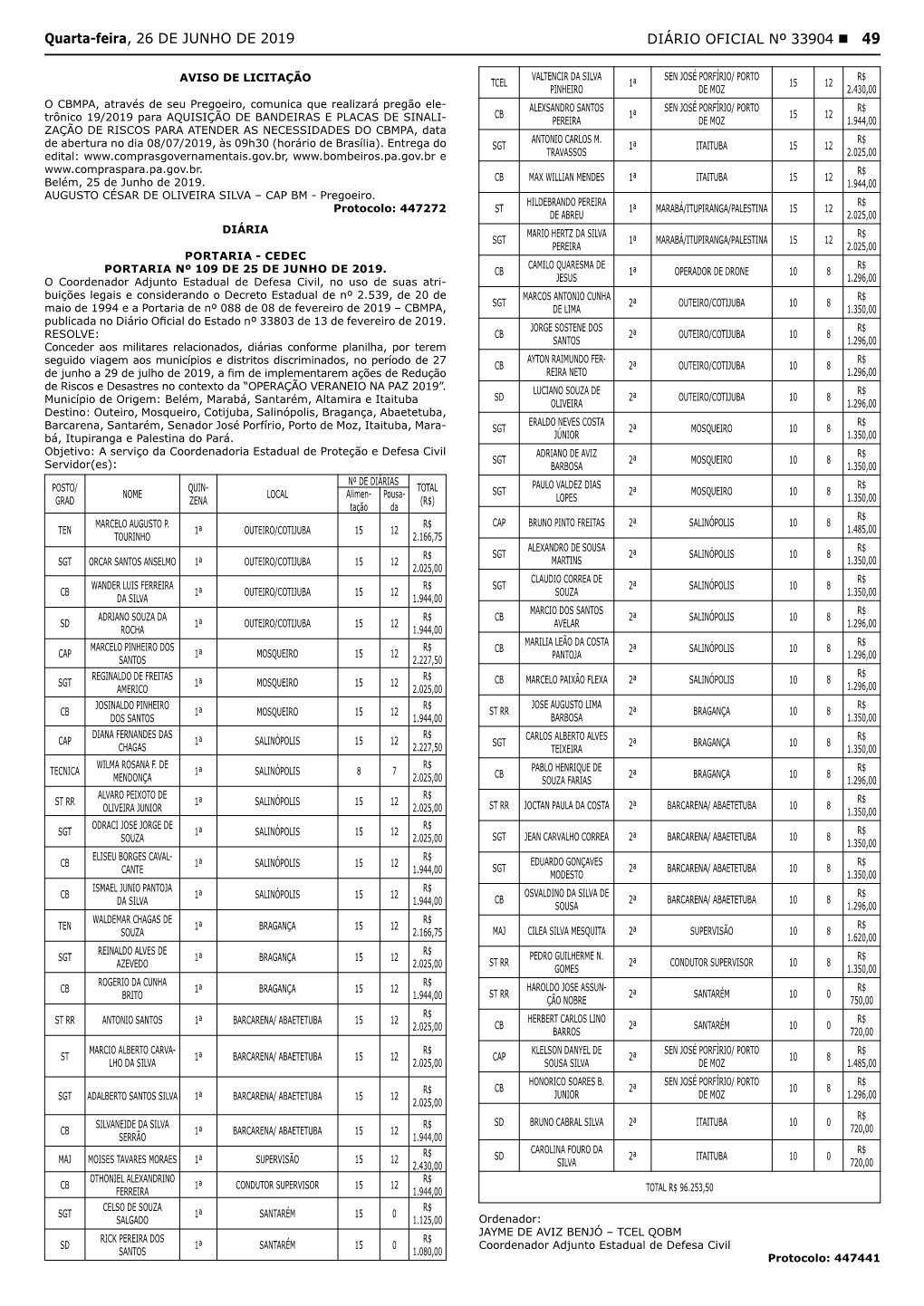 DIÁRIO OFICIAL Nº 33904 49 Quarta-Feira, 26 DE JUNHO DE 2019