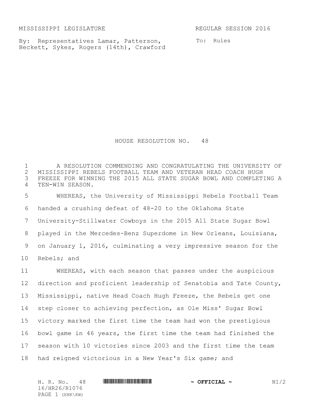 MISSISSIPPI LEGISLATURE REGULAR SESSION 2016 By