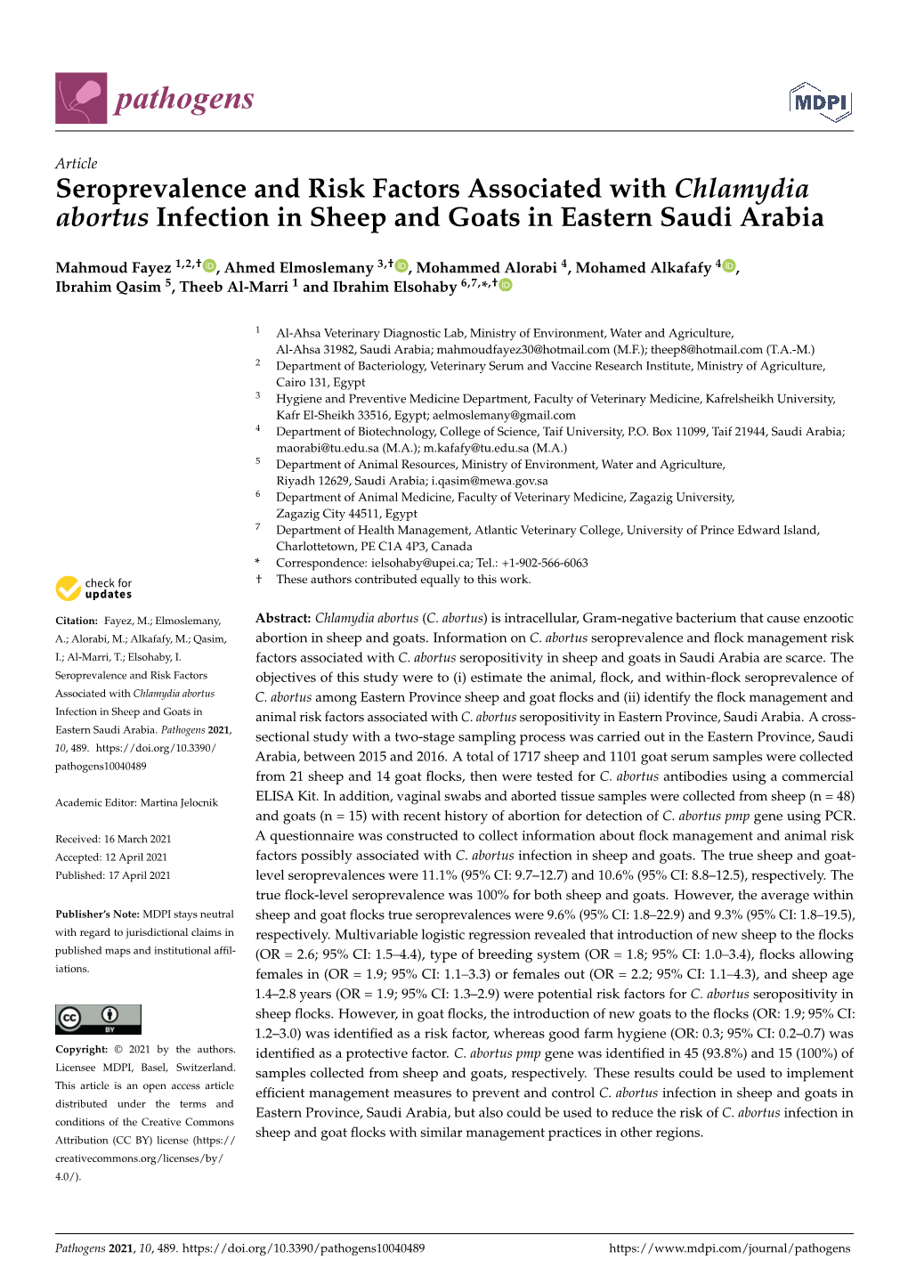 Seroprevalence and Risk Factors Associated with Chlamydia Abortus Infection in Sheep and Goats in Eastern Saudi Arabia