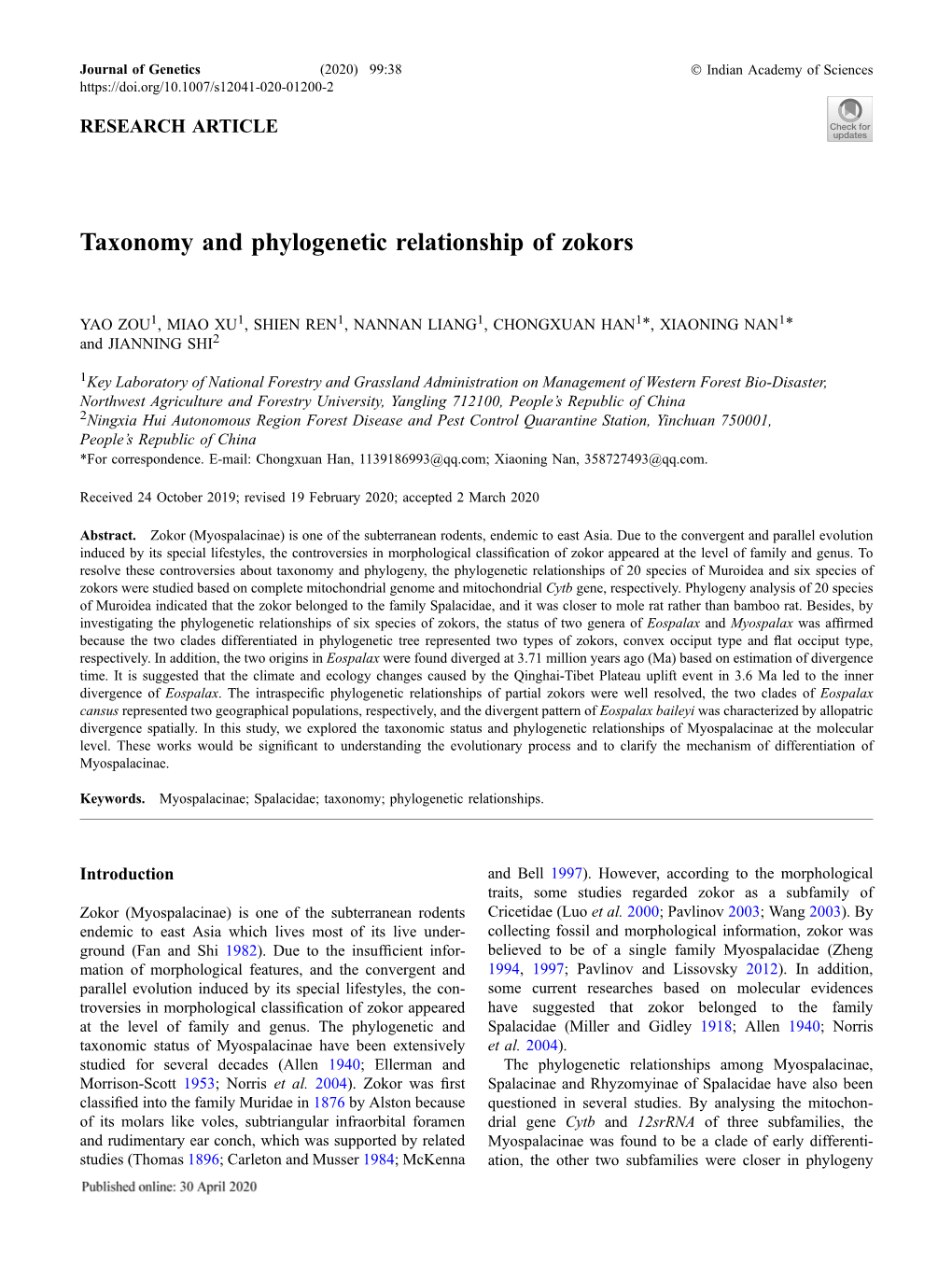 Taxonomy and Phylogenetic Relationship of Zokors