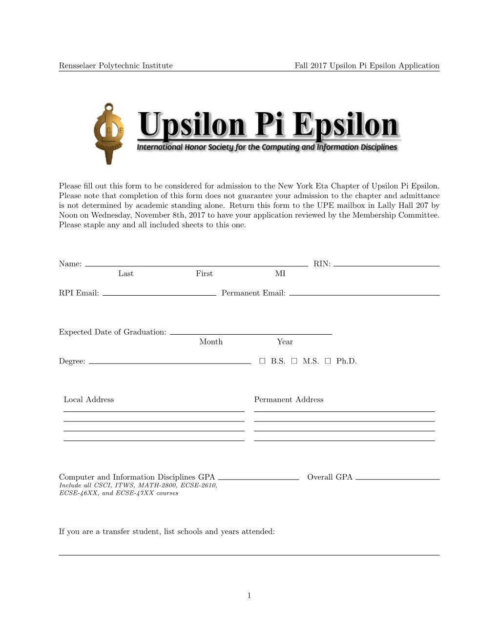 Rensselaer Polytechnic Institute Fall 2017 Upsilon Pi Epsilon Application