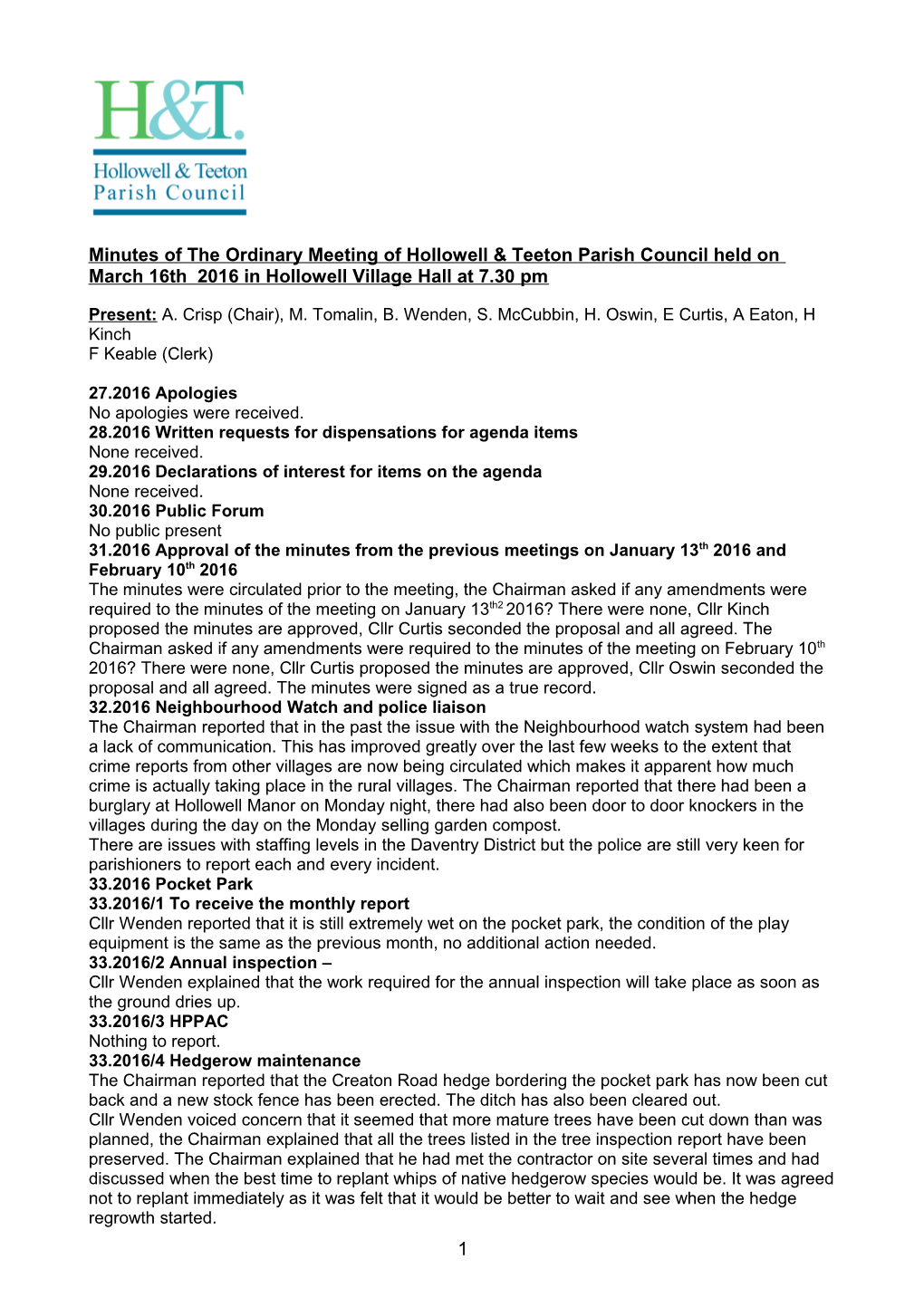 Minutes of the Annual Parish Council Meeting of Hollowell & Teeton Parish Council Held