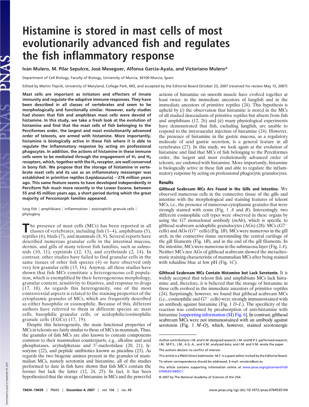 Histamine Is Stored in Mast Cells of Most Evolutionarily Advanced Fish and Regulates the Fish Inflammatory Response