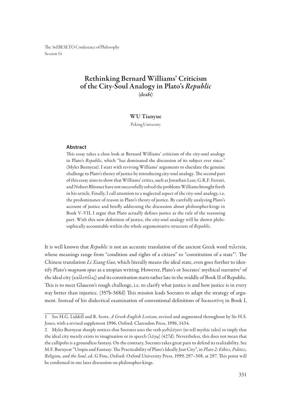 Rethinking Bernard Williams' Criticism of the City-Soul Analogy in Plato's Republic