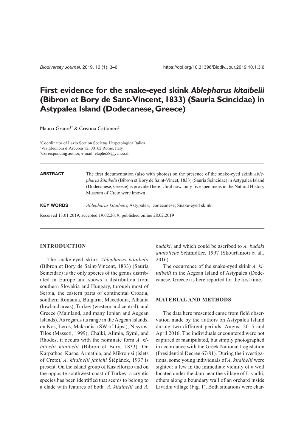 First Evidence for the Snake-Eyed Skink Ablepharus Kitaibelii (Bibron Et Bory De Sant-Vincent, 1833) (Sauria Scincidae) in Astypalea Island (Dodecanese, Greece)