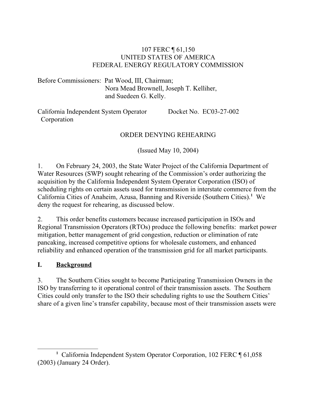 Order Denying Rehearing in Docket No. EC03-27-002 (California ISO/Section 203)