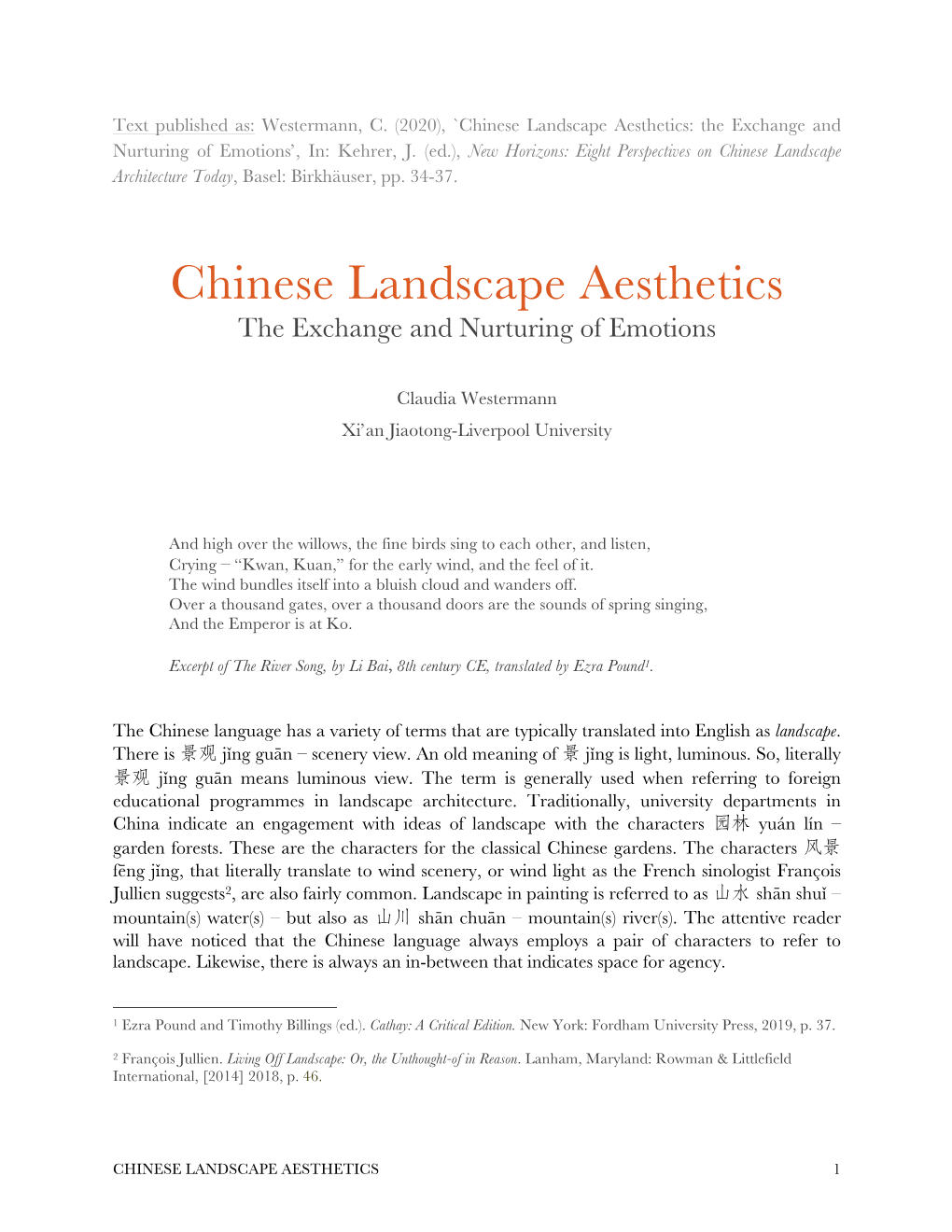 Chinese Landscape Aesthetics: the Exchange and Nurturing of Emotions’, In: Kehrer, J