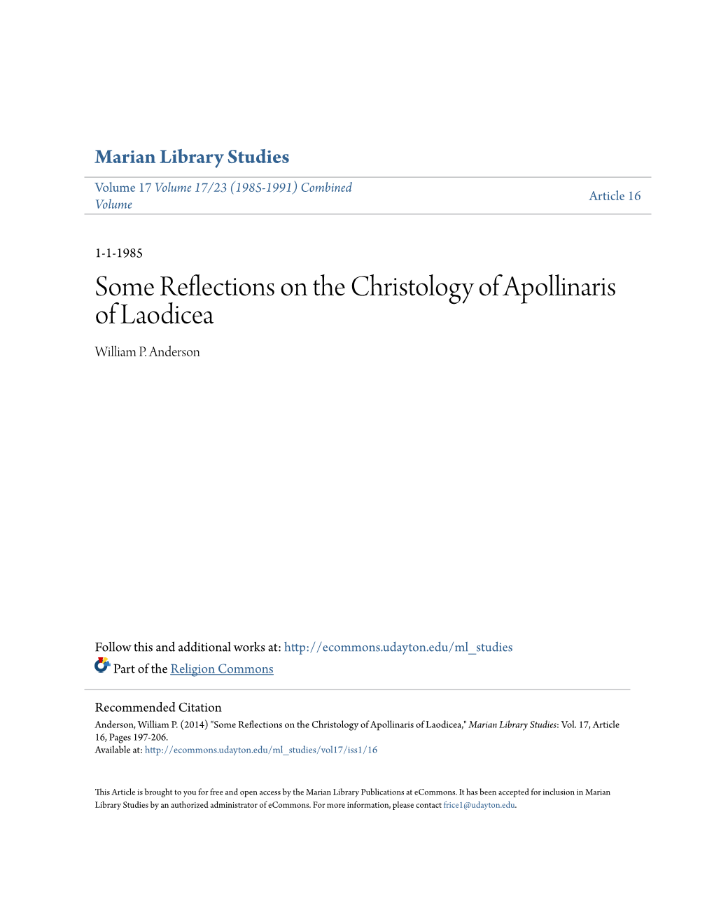 Some Reflections on the Christology of Apollinaris of Laodicea William P