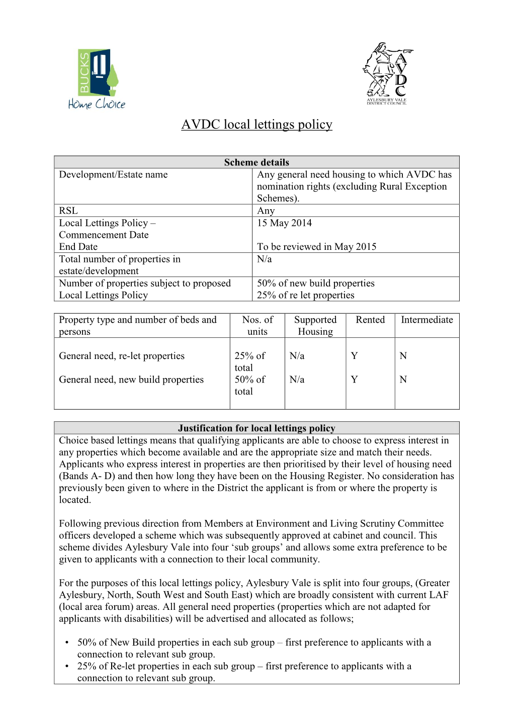 AVDC Sub Groups Local Lettings Policy