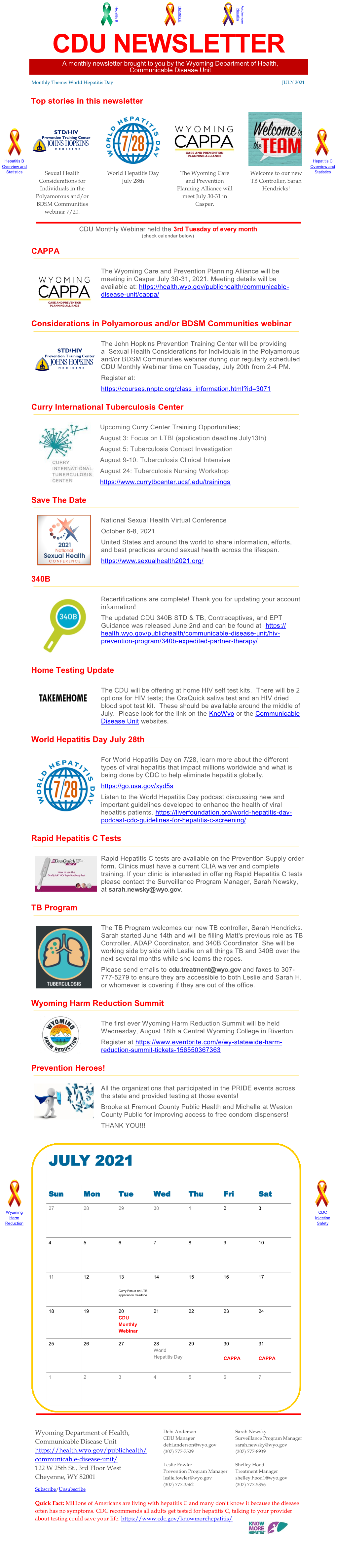 CDU NEWSLETTER a Monthly Newsletter Brought to You by the Wyoming Department of Health, Communicable Disease Unit
