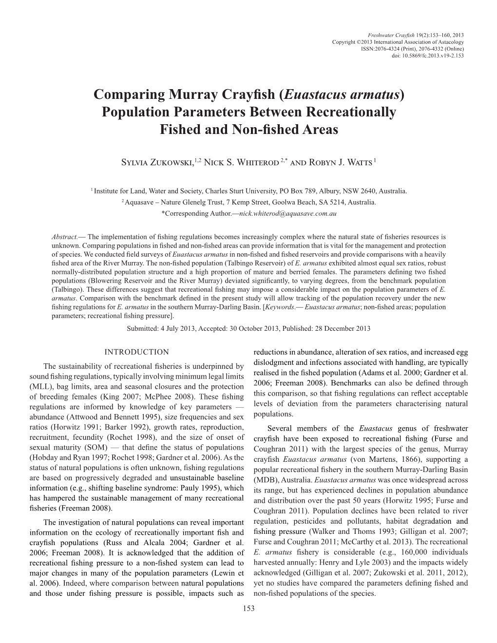 Comparing Murray Crayfish (Euastacus Armatus) Population Parameters Between Recreationally Fished and Non-Fished Areas