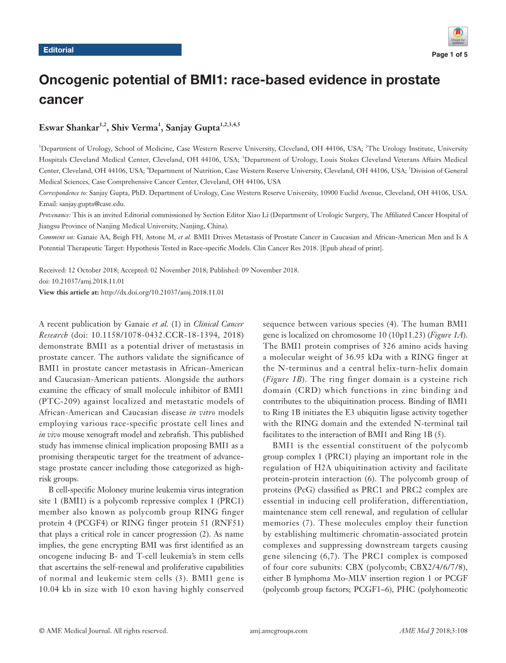 Oncogenic Potential of BMI1: Race-Based Evidence in Prostate Cancer