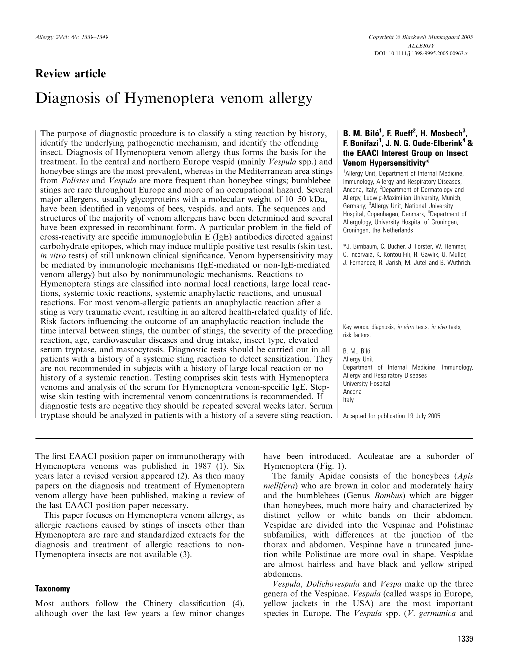 Diagnosis of Hymenoptera Venom Allergy