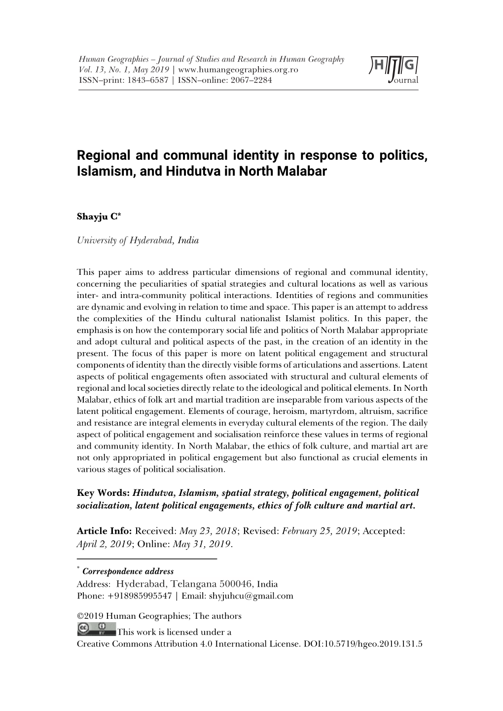 Regional and Communal Identity in Response to Politics, Islamism, and Hindutva in North Malabar