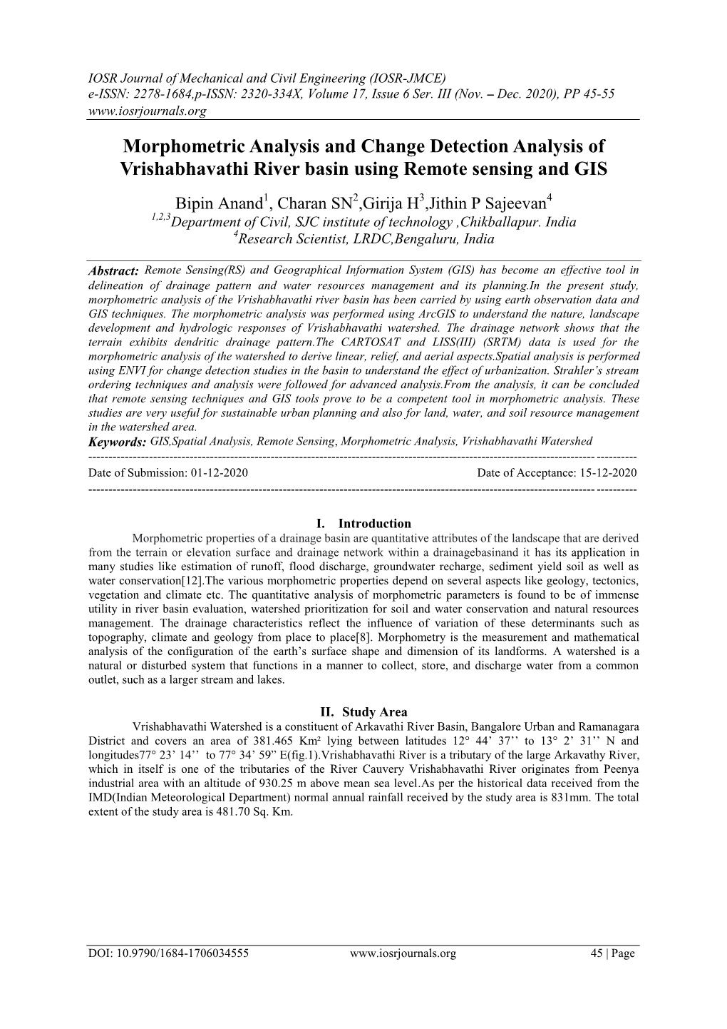 Morphometric Analysis and Change Detection Analysis of Vrishabhavathi River Basin Using Remote Sensing and GIS