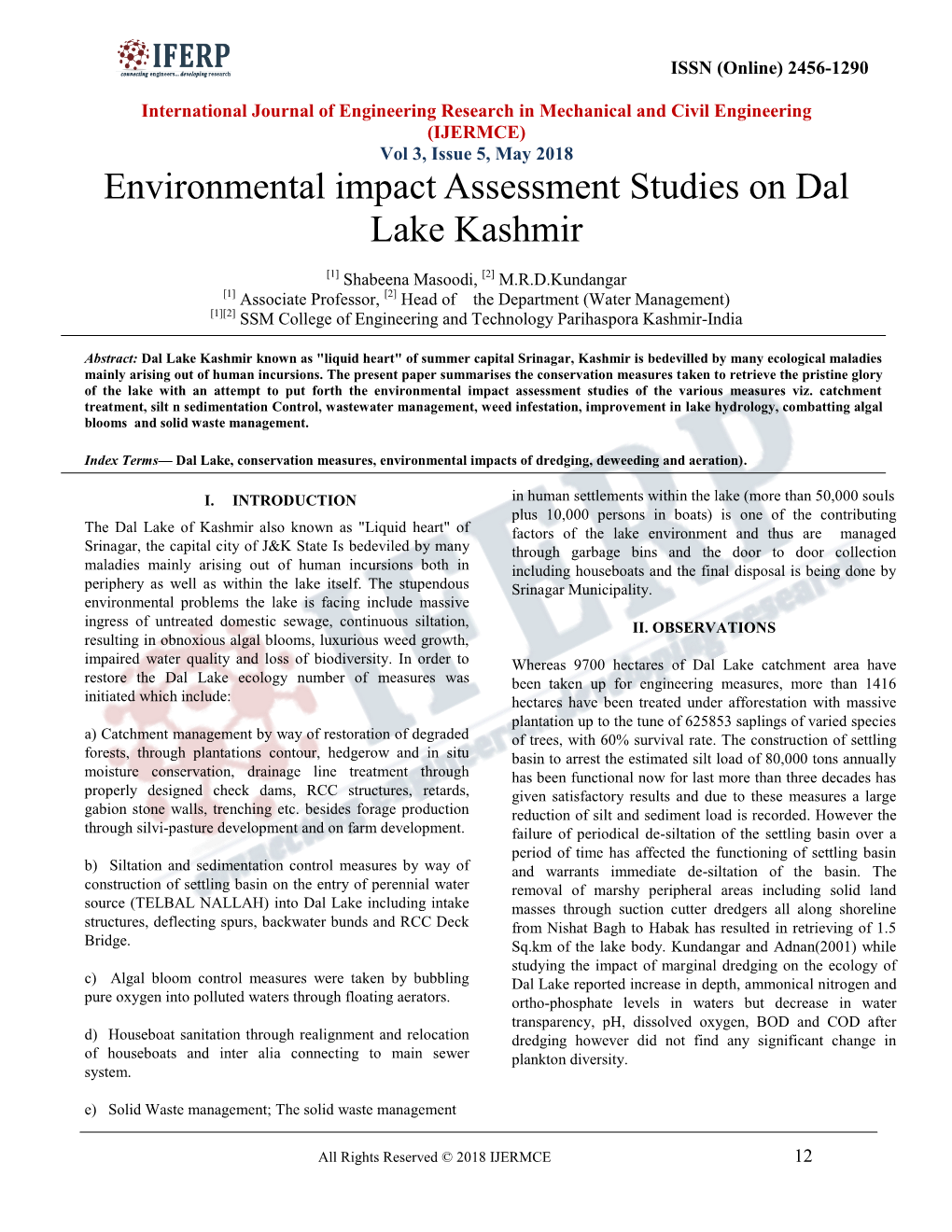 Environmental Impact Assessment Studies on Dal Lake Kashmir