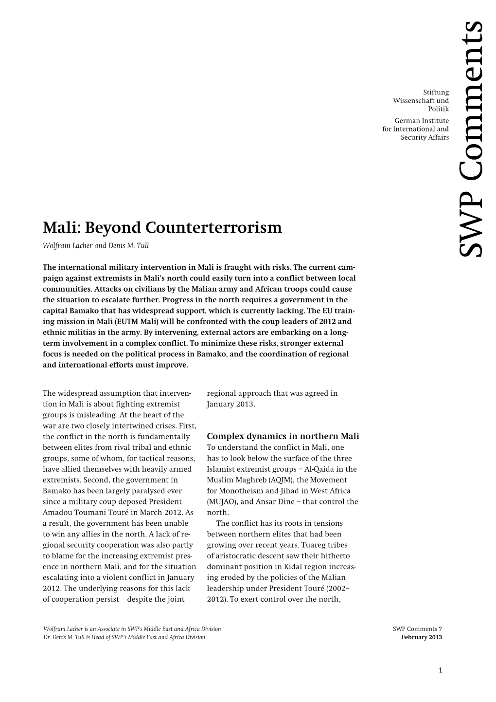Mali: Beyond Counterterrorism WP Wolfram Lacher and Denis M