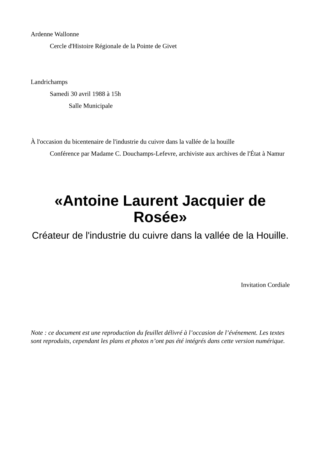 «Antoine Laurent Jacquier De Rosée» Créateur De L'industrie Du Cuivre Dans La Vallée De La Houille