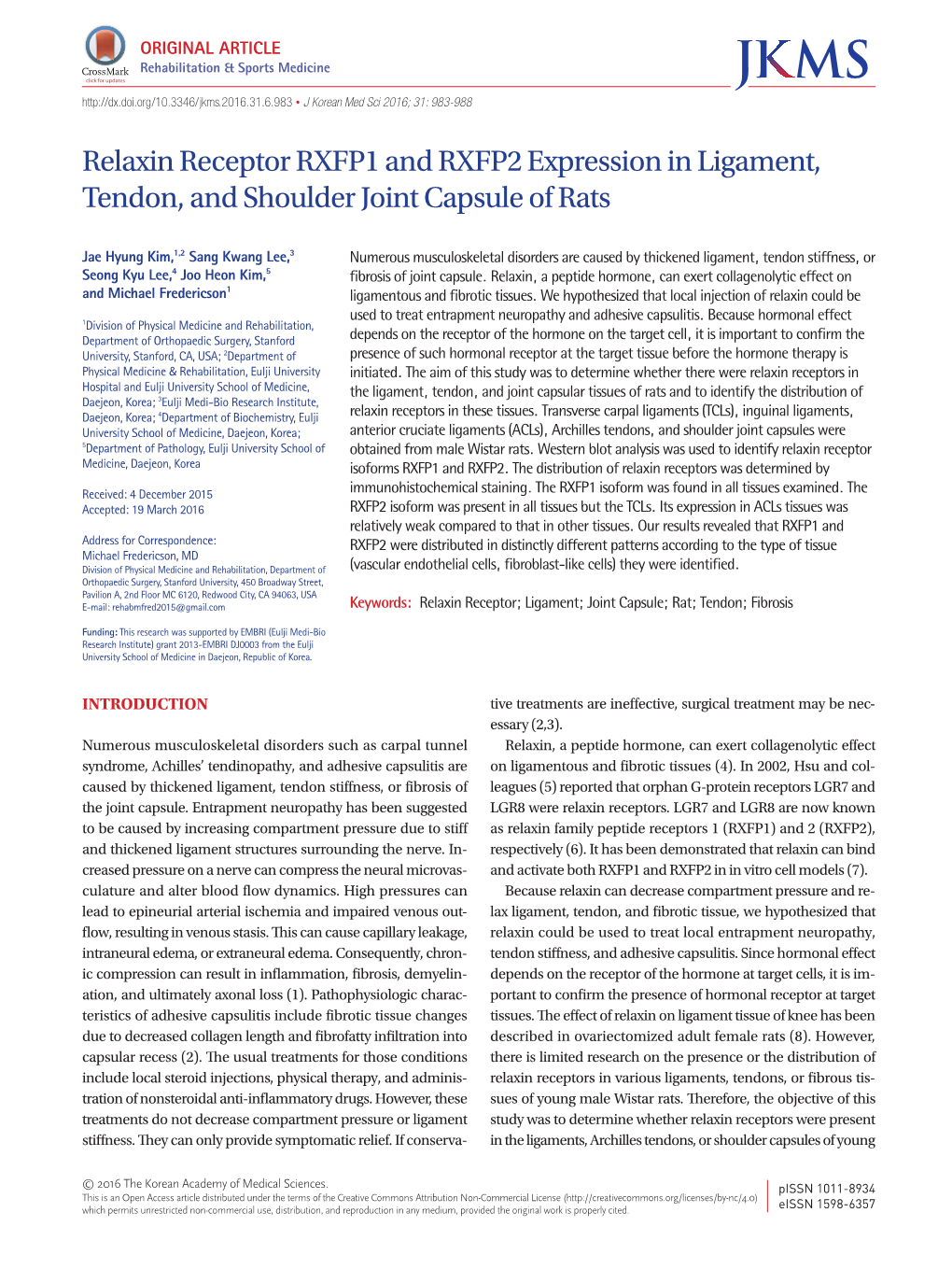 Relaxin Receptor RXFP1 and RXFP2 Expression in Ligament, Tendon, and Shoulder Joint Capsule of Rats