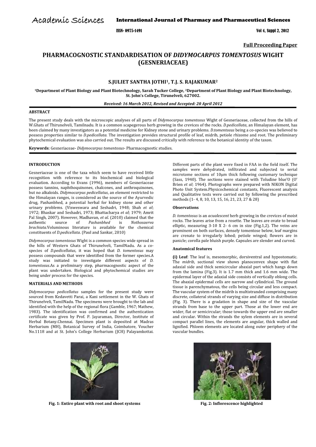 Pharmacognostic Standardisation of Didymocarpus Tomentosus Wight (Gesneriaceae)
